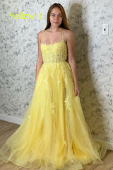 Elegant Straps Yellow Long Prom Dress with Lace Appliques