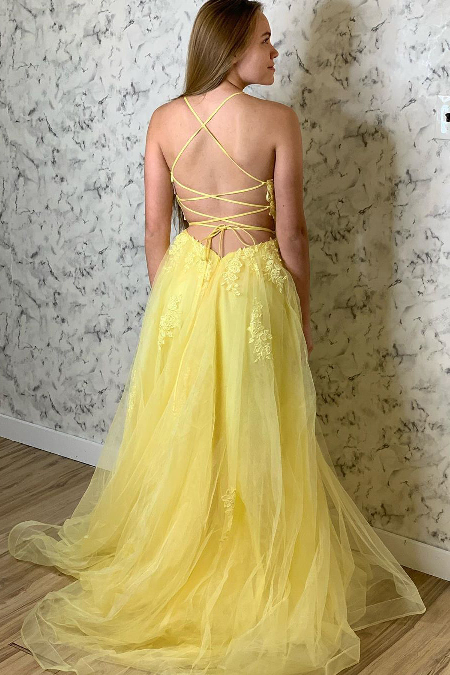 Elegant Straps Yellow Long Prom Dress with Lace Appliques