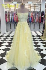 Elegant Straps Yellow Long Prom Dress with Lace Appliques