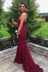 Elegant Sweetheart Mermaid Burgundy Lace Long Prom Dress