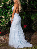 Elegant Trumpet/Mermaid Scoop Neck Tulle Prom Dress with Appliques Lace Sweep Train