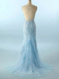 Elegant Trumpet/Mermaid Scoop Neck Tulle Prom Dress with Appliques Lace Sweep Train