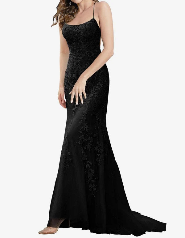 Elegant Trumpet/Mermaid Scoop Neck Tulle Prom Dress with Appliques Lace Sweep Train