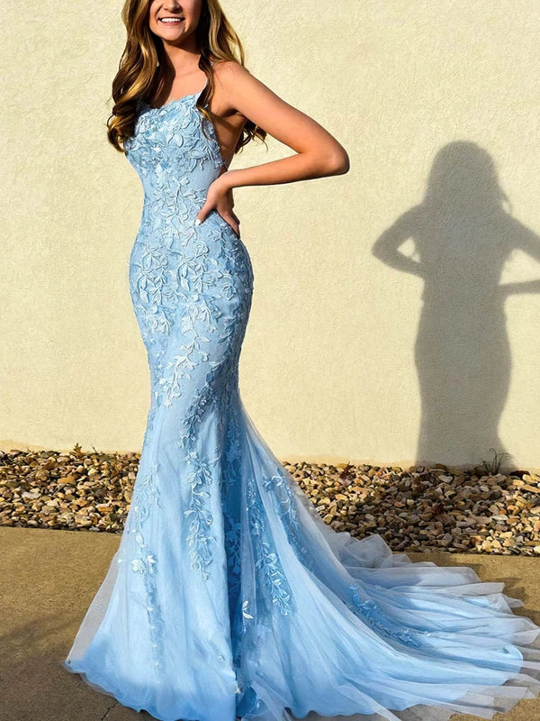 Elegant Trumpet/Mermaid Scoop Neck Tulle Prom Dress with Appliques Lace Sweep Train