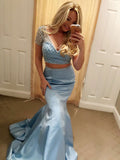 Elegant Trumpet/Mermaid V-neck Satin Sweep Train Beading Prom Dress