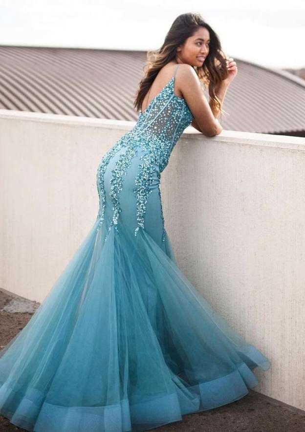 Elegant Trumpet/Mermaid V Neck Sleeveless Tulle Evening Dress with Beading Appliqued-27dress