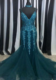 Elegant Trumpet/Mermaid V Neck Sleeveless Tulle Evening Dress with Beading Appliqued-27dress