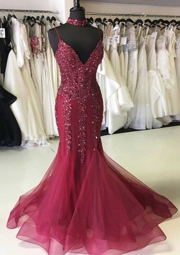 Elegant Trumpet/Mermaid V Neck Sleeveless Tulle Evening Dress with Beading Appliqued-27dress