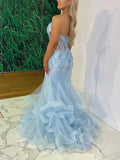 Elegant Trumpet/Mermaid V-neck Tulle Prom Dress with Appliques and Lace Sweep Train