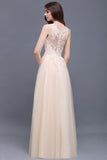 Elegant Tulle Lace Champagne Long Bridesmaid Dress With Appliques-27dress