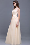 Elegant Tulle Lace Champagne Long Bridesmaid Dress With Appliques-27dress