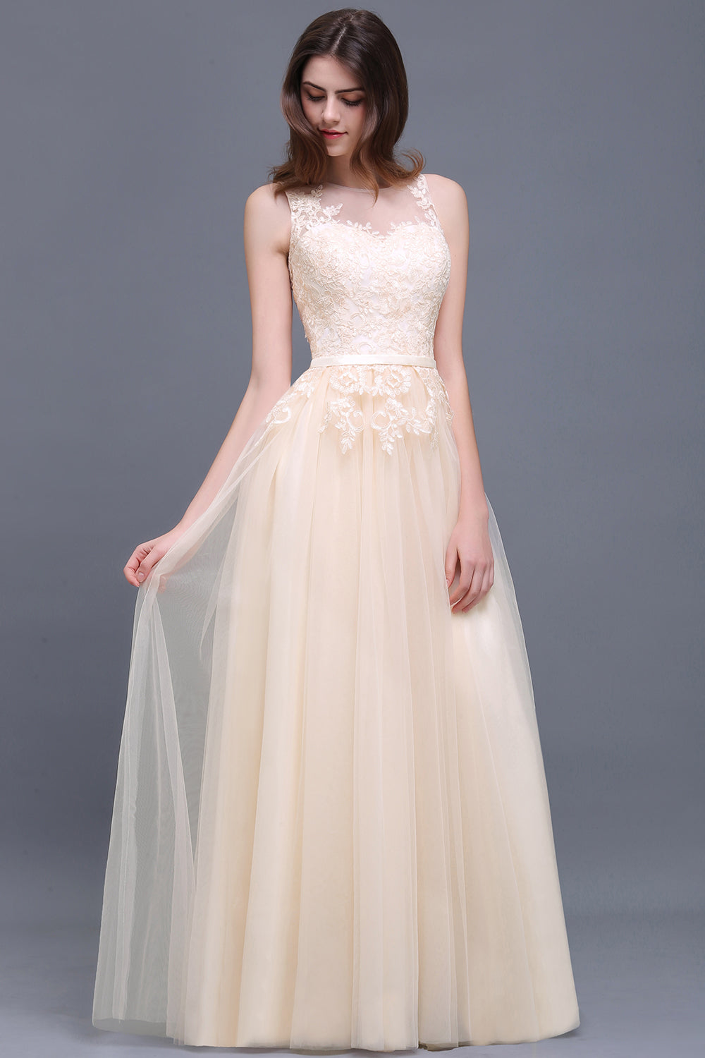 Elegant Tulle Lace Champagne Long Bridesmaid Dress With Appliques-27dress