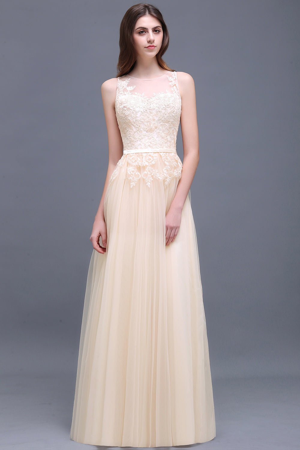 Elegant Tulle Lace Champagne Long Bridesmaid Dress With Appliques-27dress