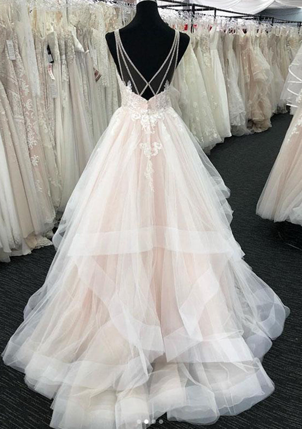 Elegant Long A-line Tulle V-Neck Layered Open Back Wedding Dresses