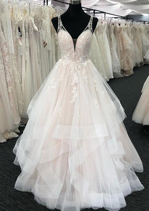 Elegant Long A-line Tulle V-Neck Layered Open Back Wedding Dresses