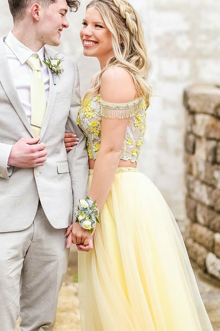 Elegant Two Piece Yellow Prom Dress with Lace Top