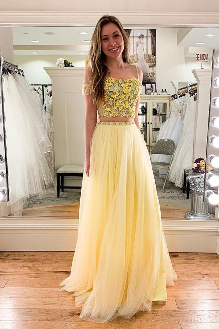 Elegant Two Piece Yellow Prom Dress with Lace Top