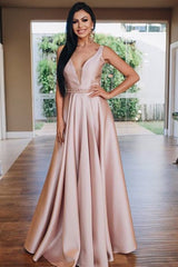 Elegant V Neck A-Line Beaded Pink Prom Dress