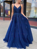 Elegant V-neck Appliques Lace Prom Dress with Tulle Sweep Train