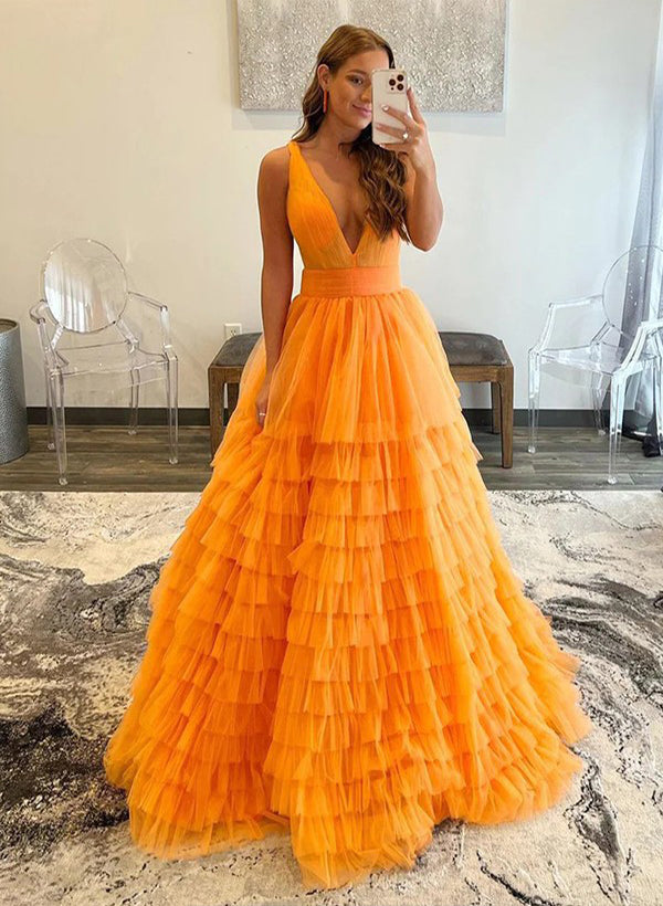 Elegant V-Neck Ball Gown Prom Dress with Cascading Ruffles-27dress