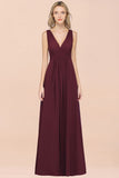 Elegant V-Neck Burgundy Chiffon Affordable Bridesmaid Dress with Ruffle-27dress