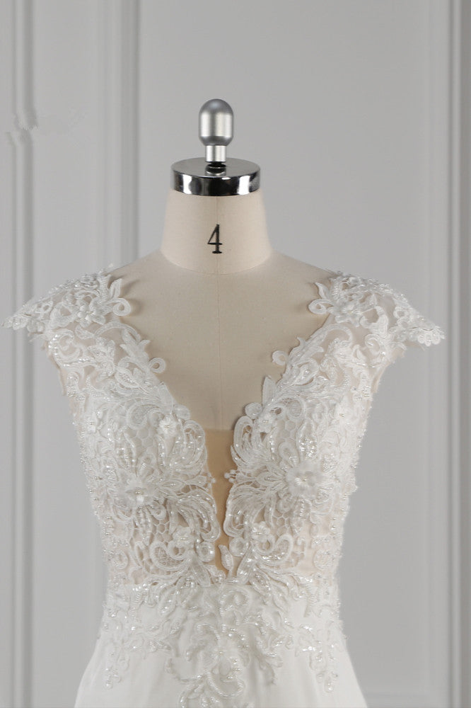 Elegant V-neck Chiffon Lace Wedding Dress Beadings Appliques Mermaid Bridal Gowns Online-27dress
