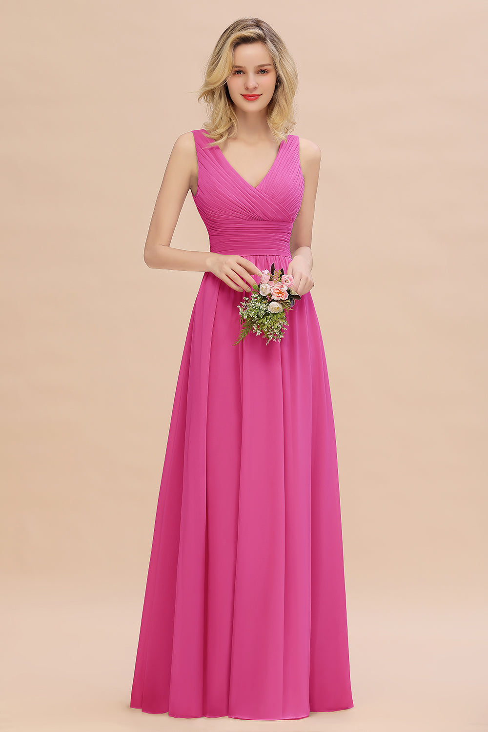 Elegant V-Neck Dusty Rose Chiffon Bridesmaid Dress with Ruffle-27dress