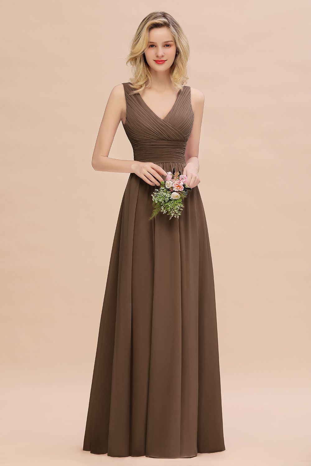 Elegant V-Neck Dusty Rose Chiffon Bridesmaid Dress with Ruffle-27dress