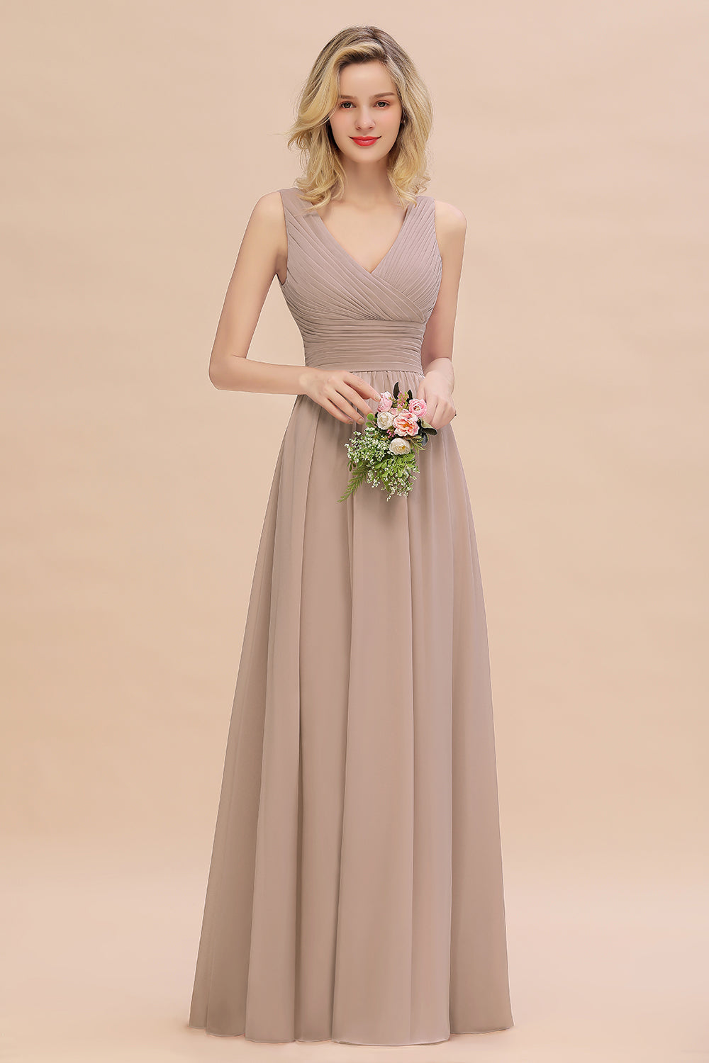 Elegant V-Neck Dusty Rose Chiffon Bridesmaid Dress with Ruffle-27dress