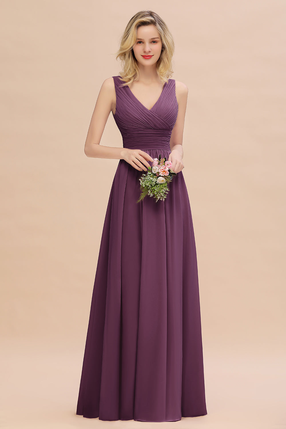 Elegant V-Neck Dusty Rose Chiffon Bridesmaid Dress with Ruffle-27dress