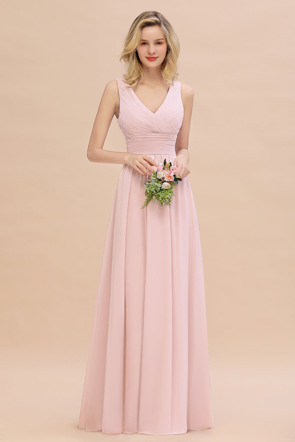 Elegant V-Neck Dusty Rose Chiffon Bridesmaid Dress with Ruffle-27dress