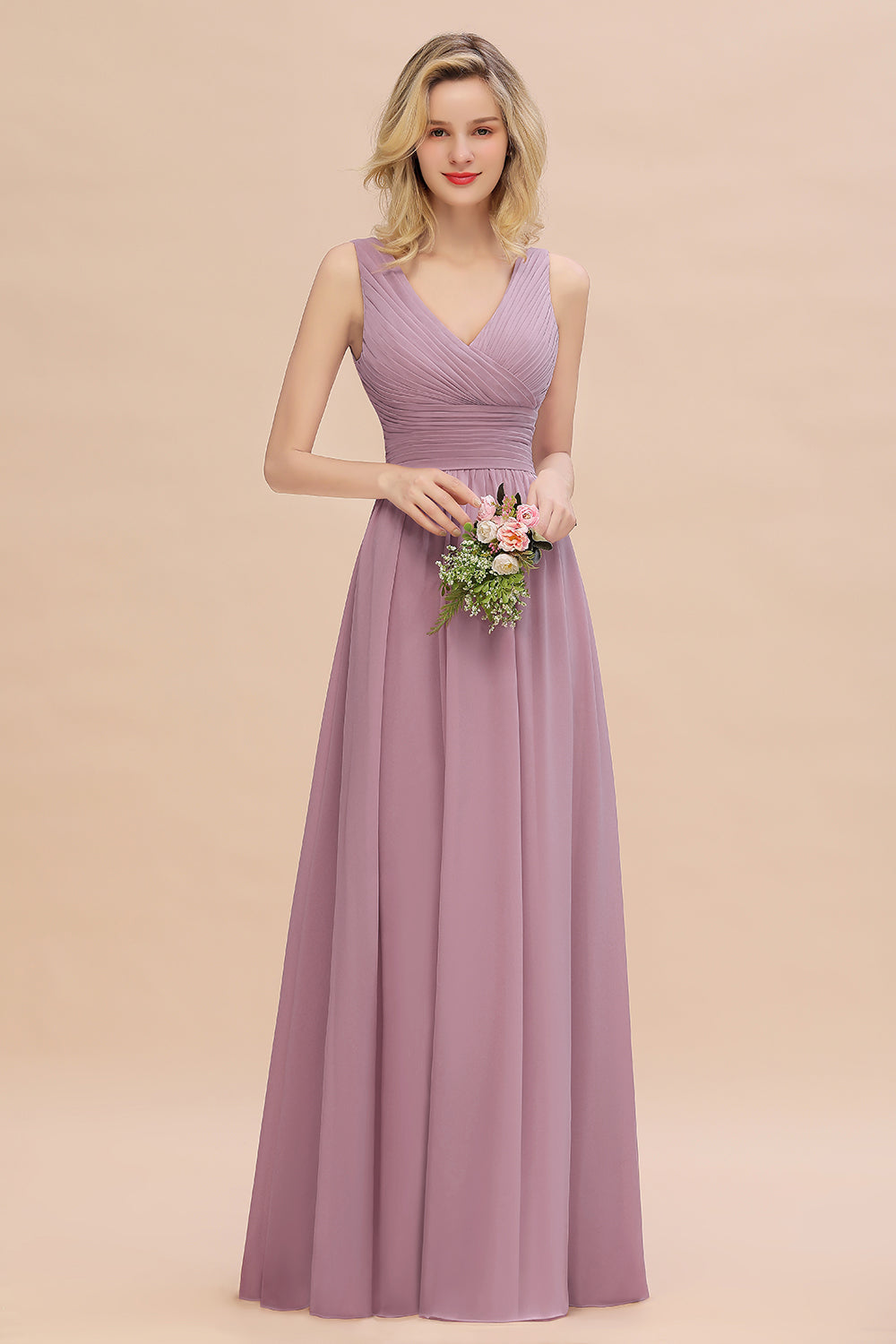 Elegant V-Neck Dusty Rose Chiffon Bridesmaid Dress with Ruffle-27dress