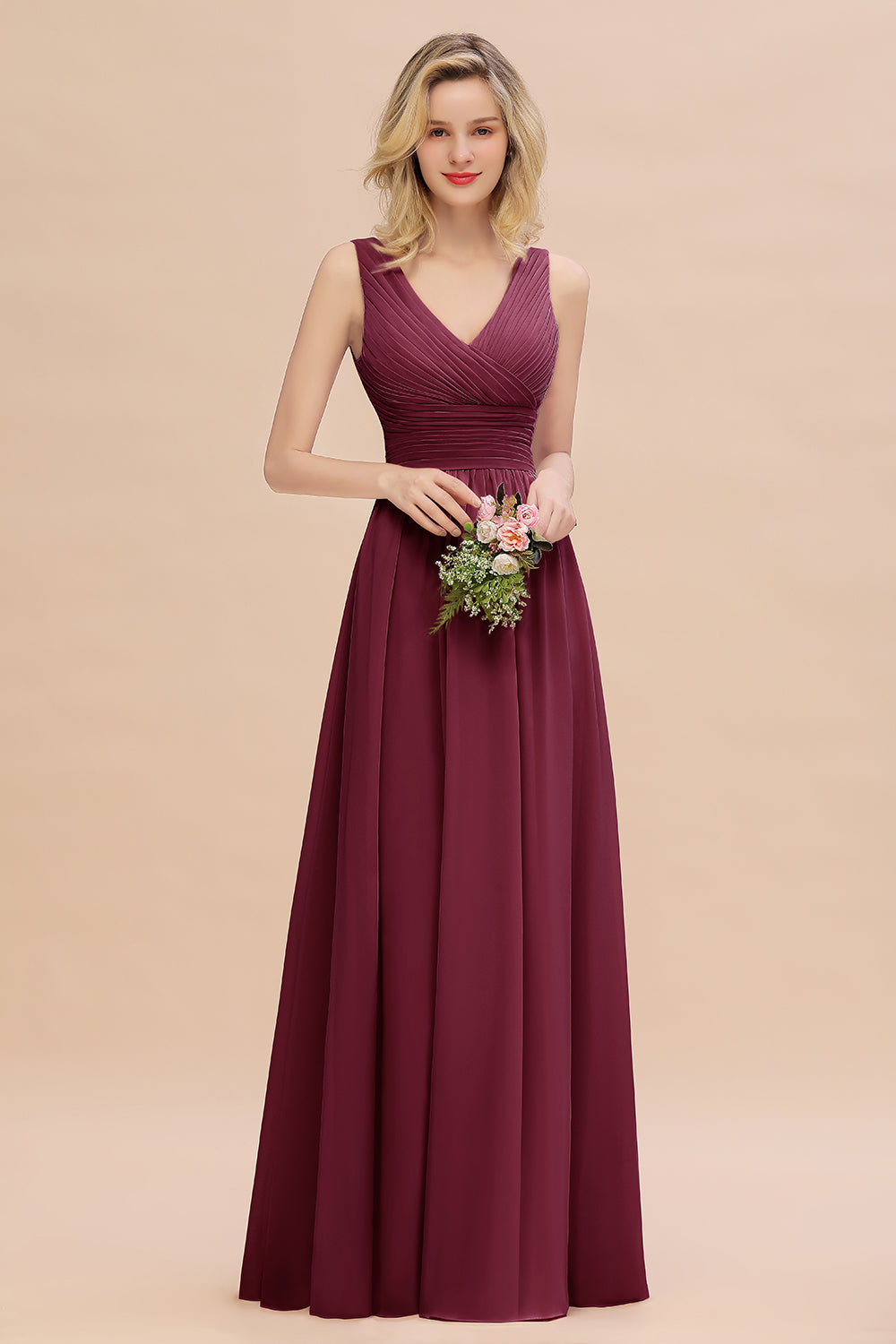 Elegant V-Neck Dusty Rose Chiffon Bridesmaid Dress with Ruffle-27dress