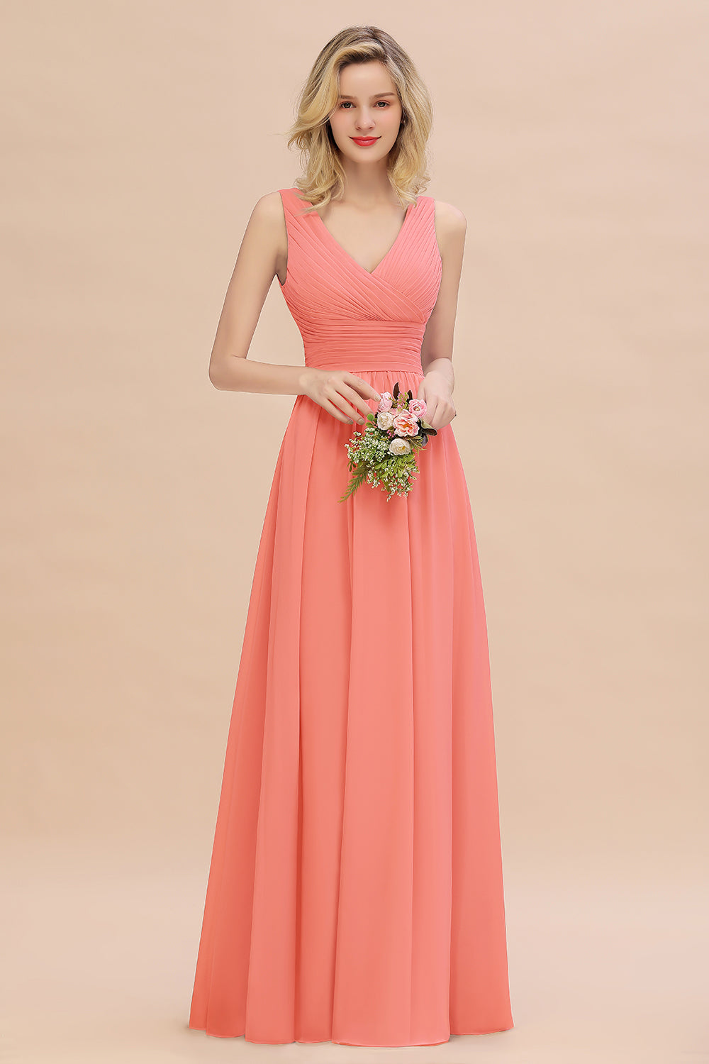 Elegant V-Neck Dusty Rose Chiffon Bridesmaid Dress with Ruffle-27dress