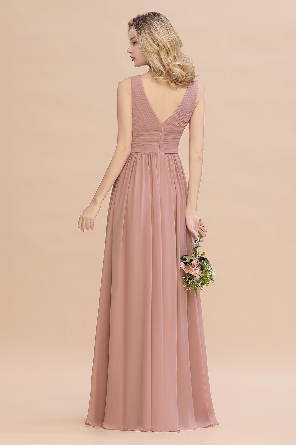 Elegant V-Neck Dusty Rose Chiffon Bridesmaid Dress with Ruffle-27dress