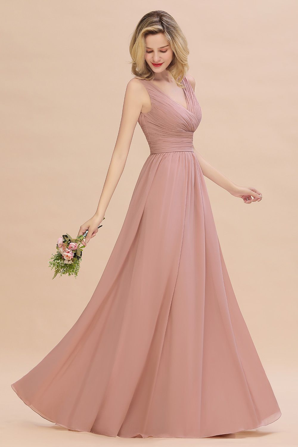 Elegant V-Neck Dusty Rose Chiffon Bridesmaid Dress with Ruffle-27dress