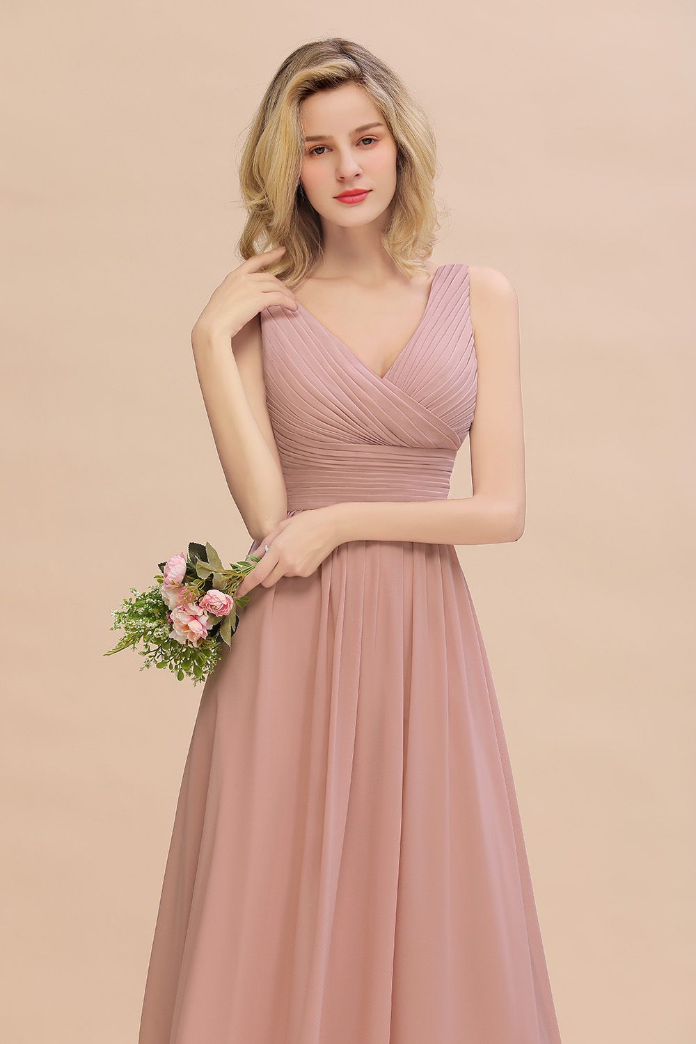 Elegant V-Neck Dusty Rose Chiffon Bridesmaid Dress with Ruffle-27dress