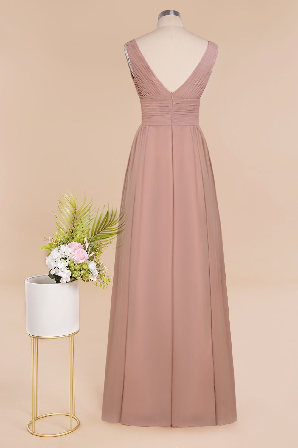 Elegant V-Neck Dusty Rose Chiffon Bridesmaid Dress with Ruffle-27dress