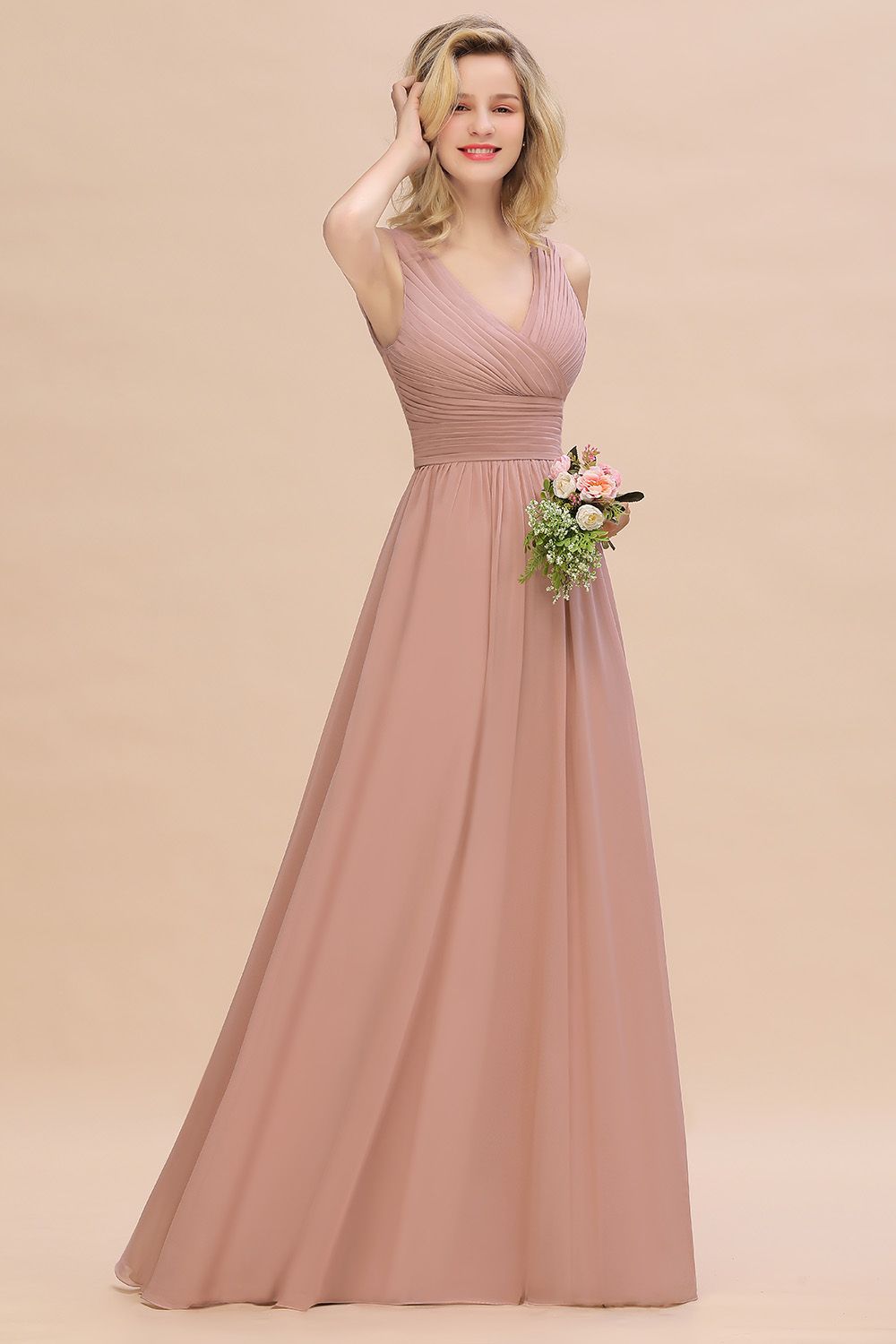 Elegant V-Neck Dusty Rose Chiffon Bridesmaid Dress with Ruffle-27dress