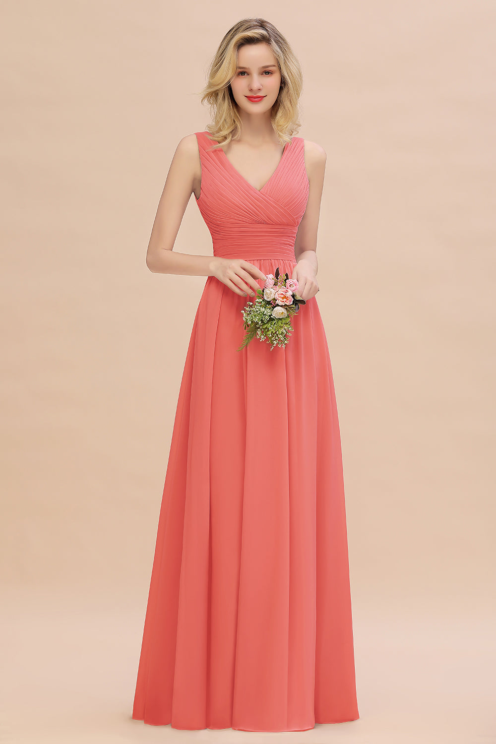 Elegant V-Neck Dusty Rose Chiffon Bridesmaid Dress with Ruffle-27dress