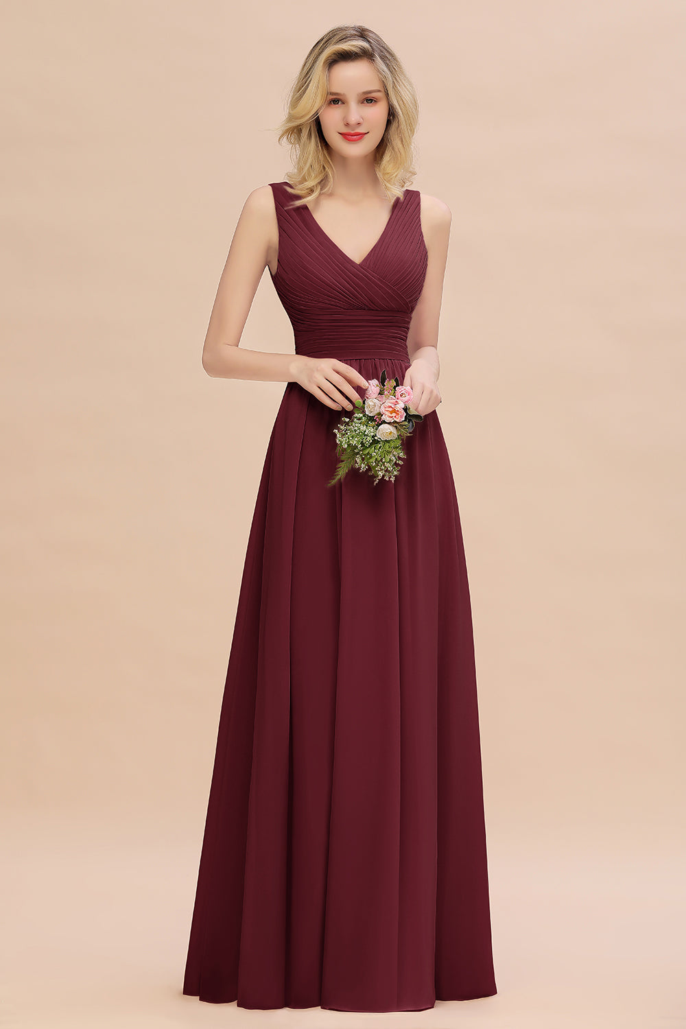 Elegant V-Neck Dusty Rose Chiffon Bridesmaid Dress with Ruffle-27dress