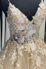 Elegant V Neck Lace Appliques Champagne Long Prom Dress