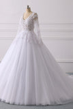 Elegant V-Neck Long Sleeves Wedding Dress White Tulle Lace Appliques Bridal Gowns On Sale-27dress