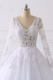 Elegant V-Neck Long Sleeves Wedding Dress White Tulle Lace Appliques Bridal Gowns On Sale-27dress