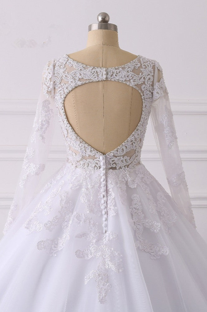 Elegant V-Neck Long Sleeves Wedding Dress White Tulle Lace Appliques Bridal Gowns On Sale-27dress