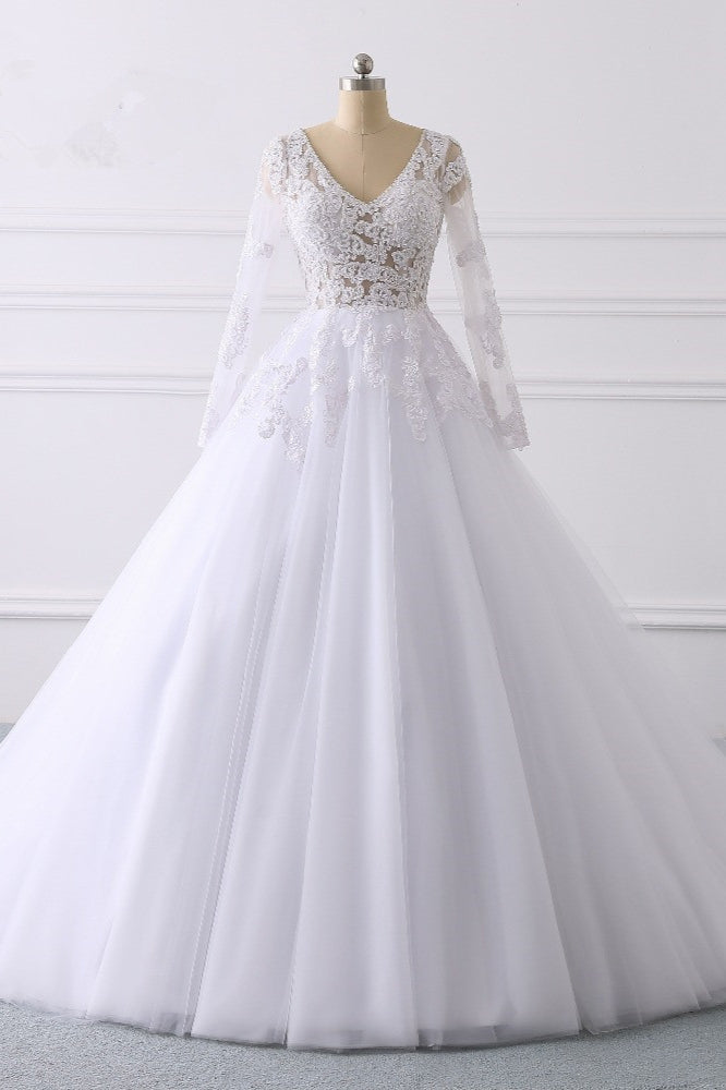 Elegant V-Neck Long Sleeves Wedding Dress White Tulle Lace Appliques Bridal Gowns On Sale-27dress