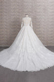 Elegant V-neck Longsleeves Lace Wedding Dresses A-line Tulle Bridal Gowns With Appliques Online-27dress