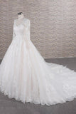 Elegant V-neck Longsleeves Lace Wedding Dresses A-line Tulle Bridal Gowns With Appliques Online-27dress