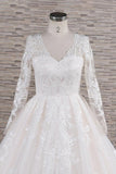 Elegant V-neck Longsleeves Lace Wedding Dresses A-line Tulle Bridal Gowns With Appliques Online-27dress