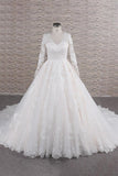 Elegant V-neck Longsleeves Lace Wedding Dresses A-line Tulle Bridal Gowns With Appliques Online-27dress